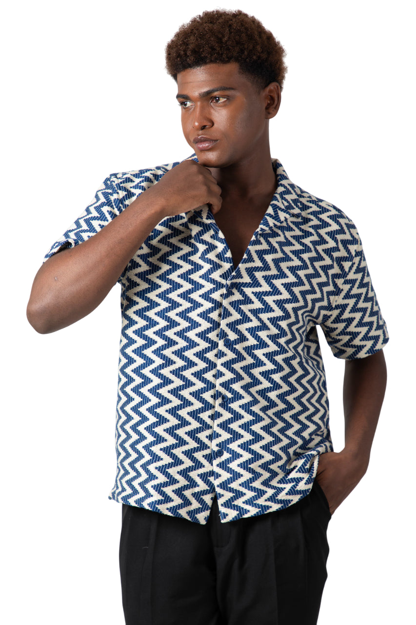 "Crochet Cuban collar Blue Dune Shirt"